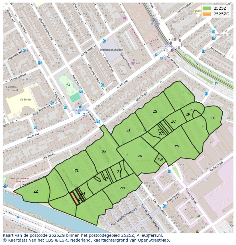 Afbeelding van het postcodegebied 2525 ZG op de kaart.