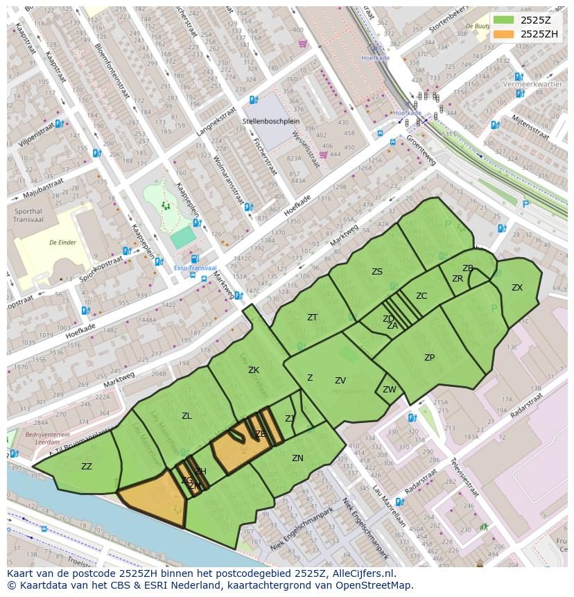 Afbeelding van het postcodegebied 2525 ZH op de kaart.