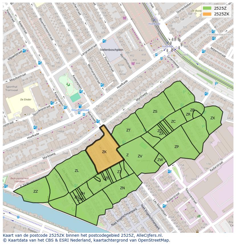Afbeelding van het postcodegebied 2525 ZK op de kaart.