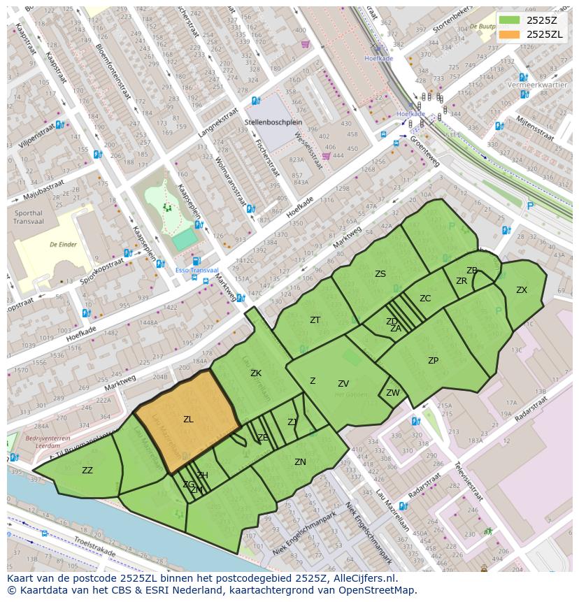 Afbeelding van het postcodegebied 2525 ZL op de kaart.