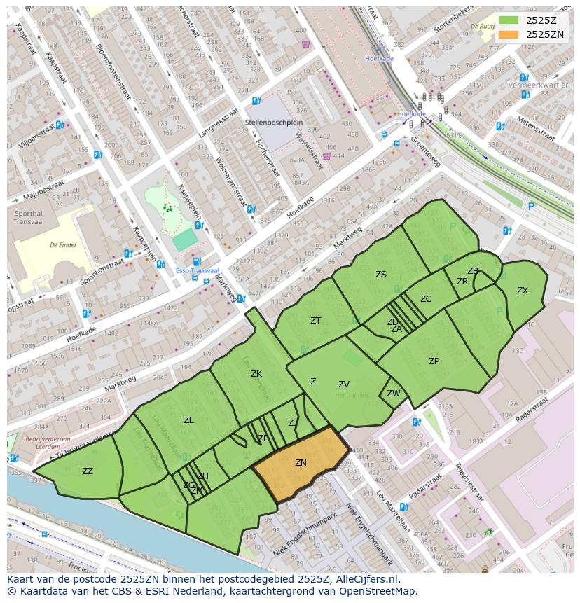 Afbeelding van het postcodegebied 2525 ZN op de kaart.