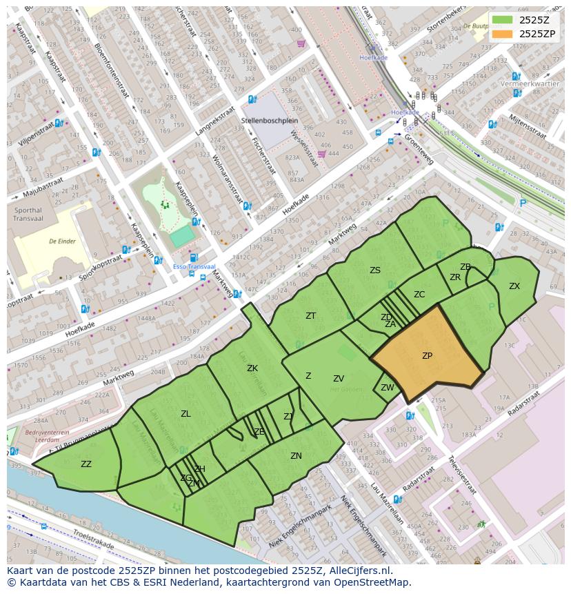 Afbeelding van het postcodegebied 2525 ZP op de kaart.