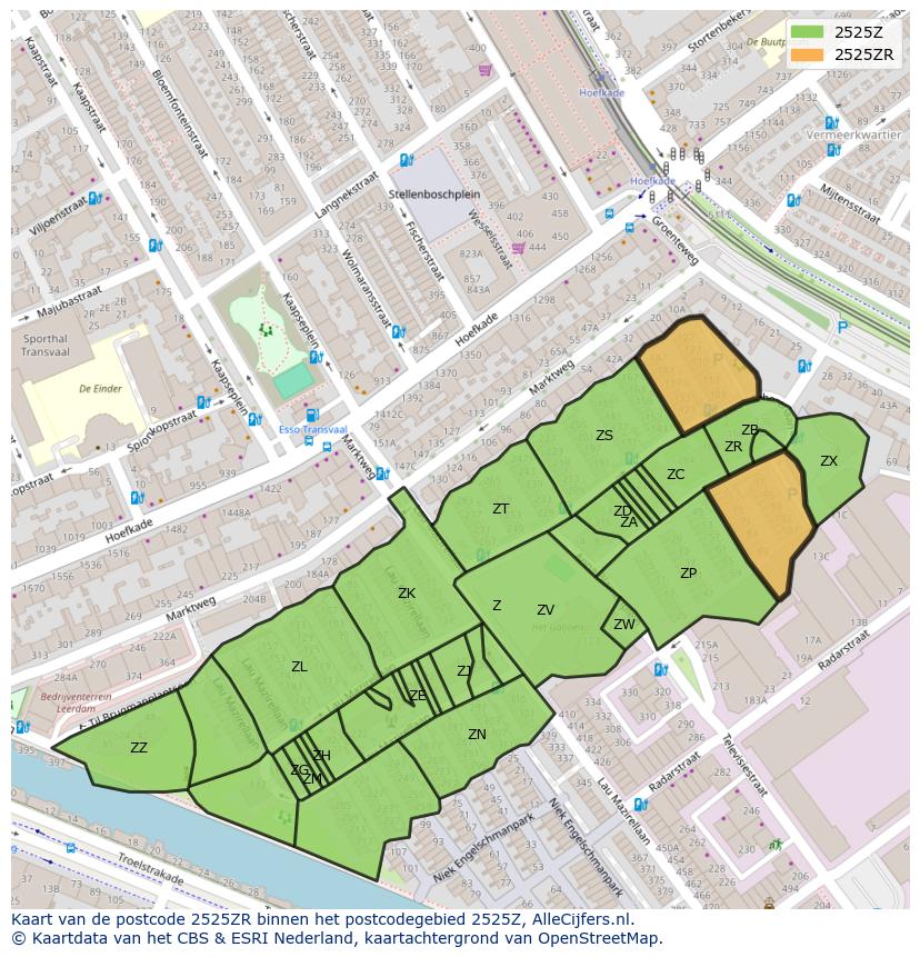 Afbeelding van het postcodegebied 2525 ZR op de kaart.