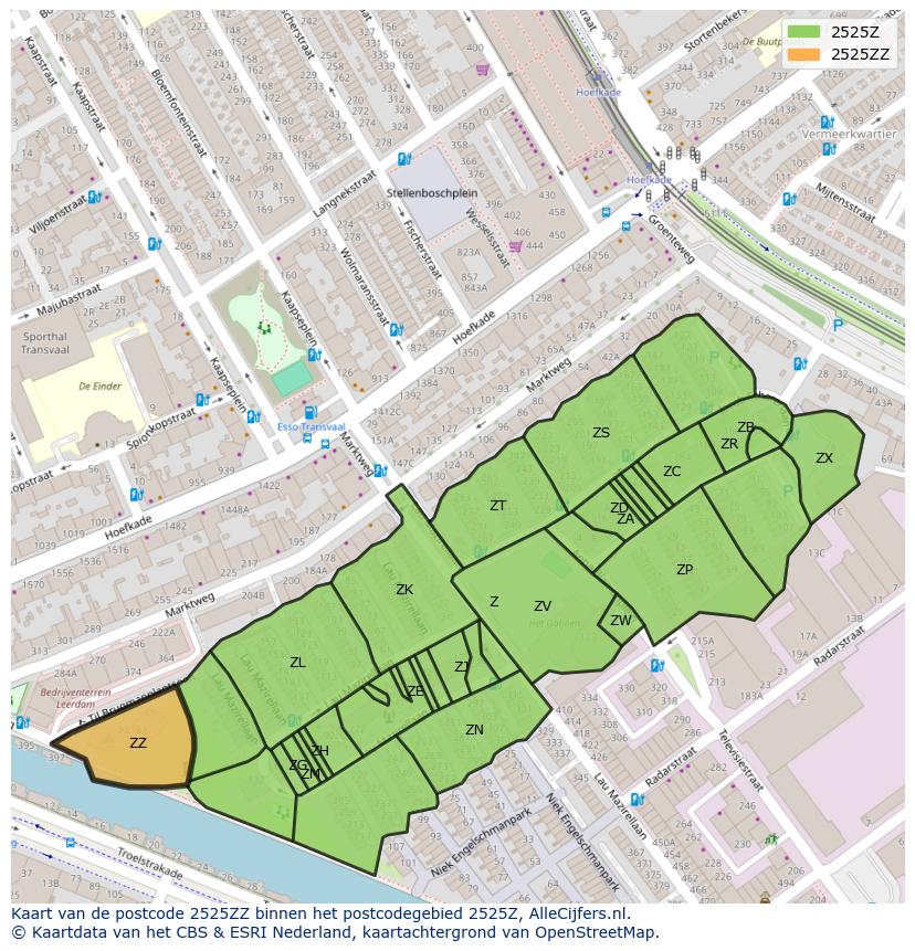 Afbeelding van het postcodegebied 2525 ZZ op de kaart.