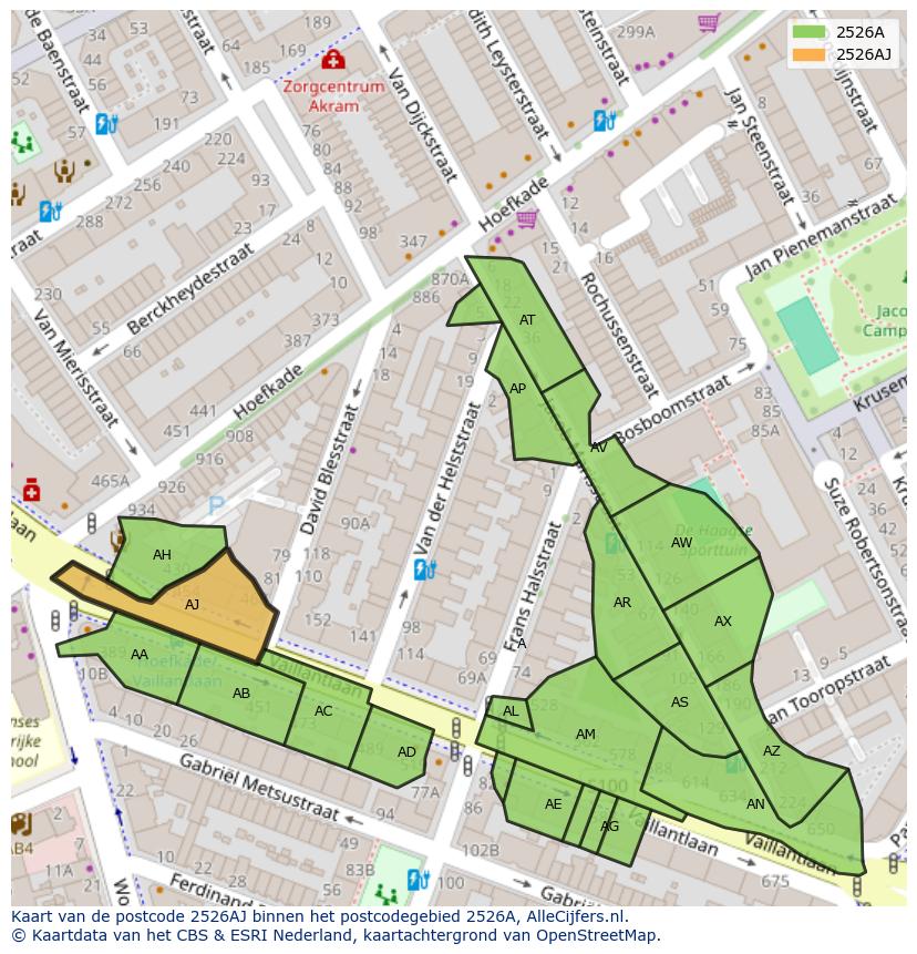 Afbeelding van het postcodegebied 2526 AJ op de kaart.
