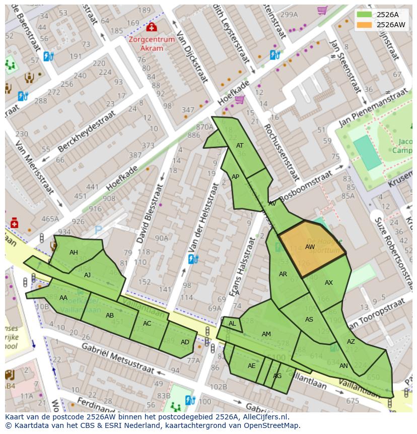 Afbeelding van het postcodegebied 2526 AW op de kaart.