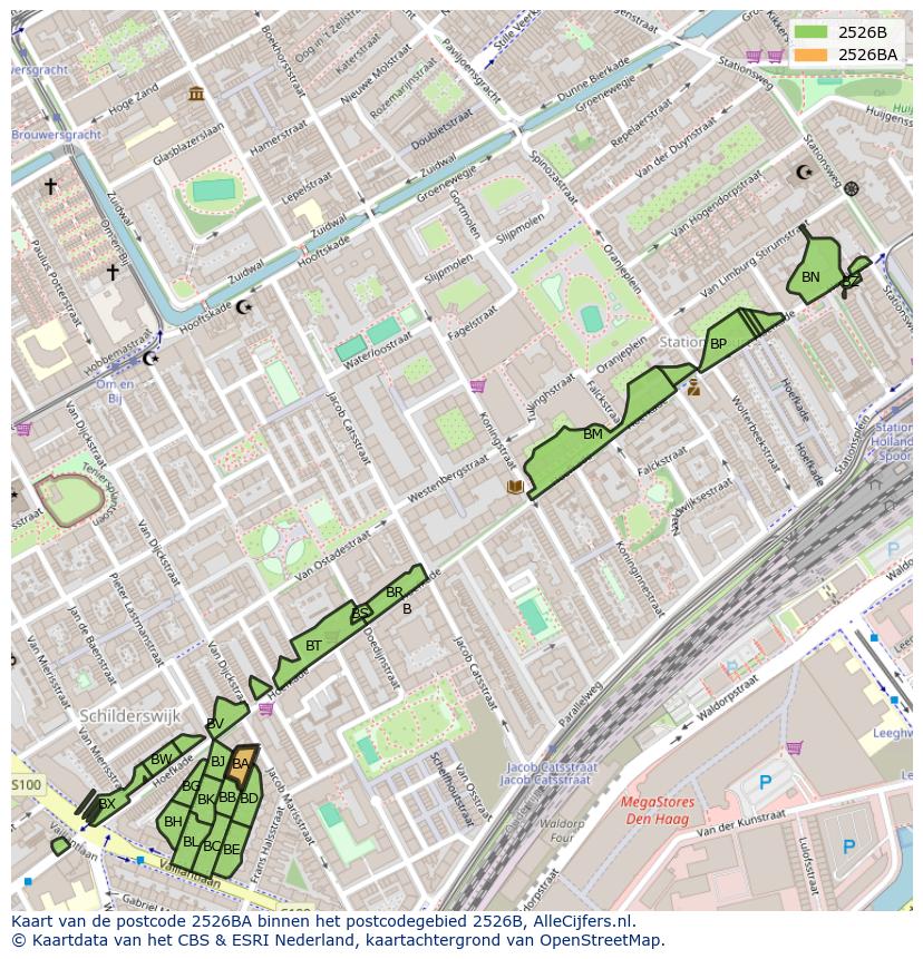 Afbeelding van het postcodegebied 2526 BA op de kaart.