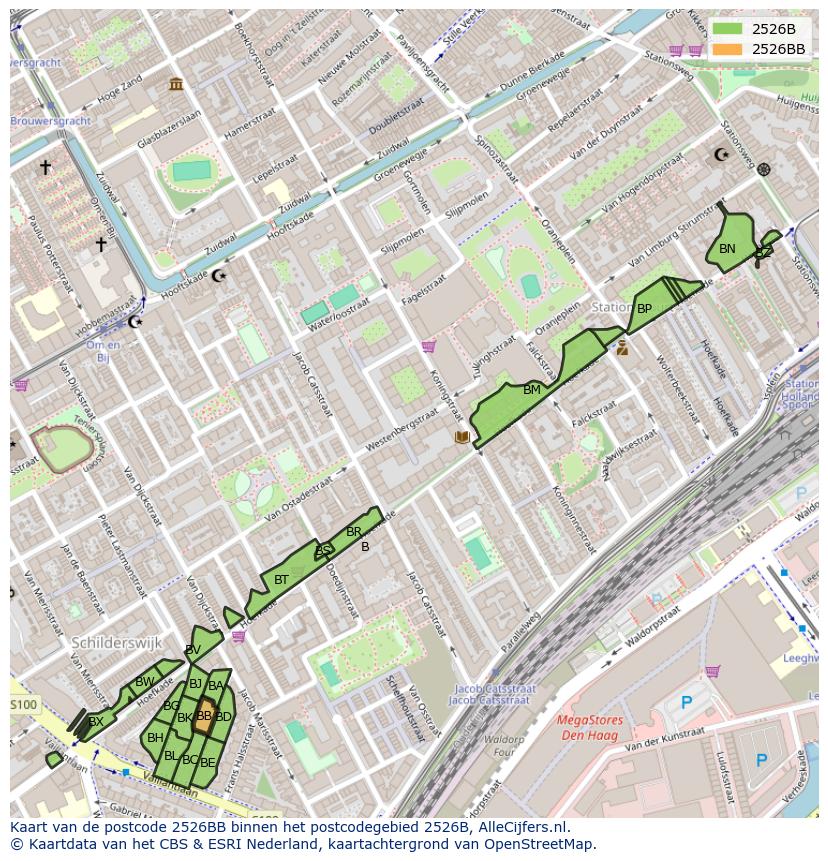 Afbeelding van het postcodegebied 2526 BB op de kaart.
