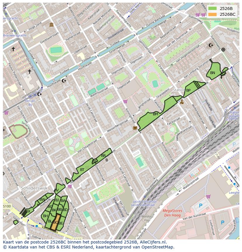 Afbeelding van het postcodegebied 2526 BC op de kaart.