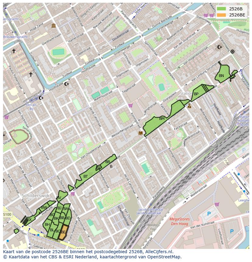 Afbeelding van het postcodegebied 2526 BE op de kaart.