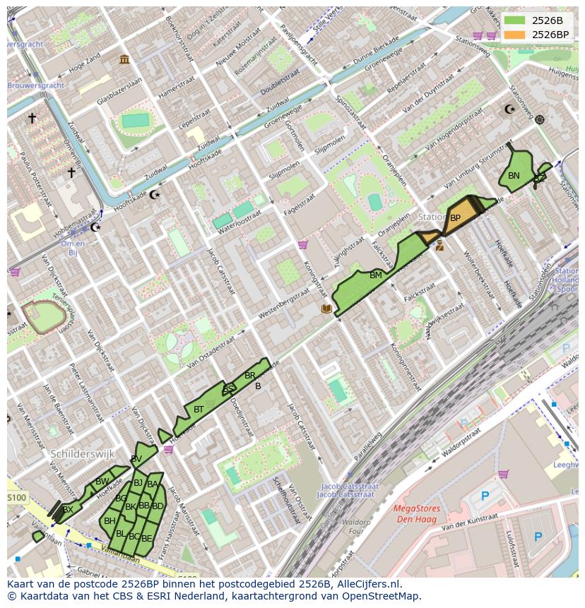 Afbeelding van het postcodegebied 2526 BP op de kaart.