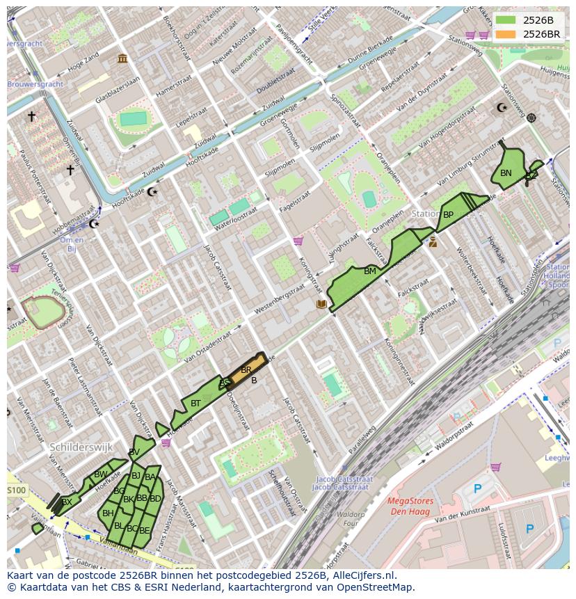 Afbeelding van het postcodegebied 2526 BR op de kaart.