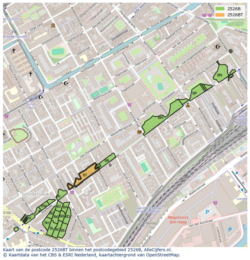 Afbeelding van het postcodegebied 2526 BT op de kaart.