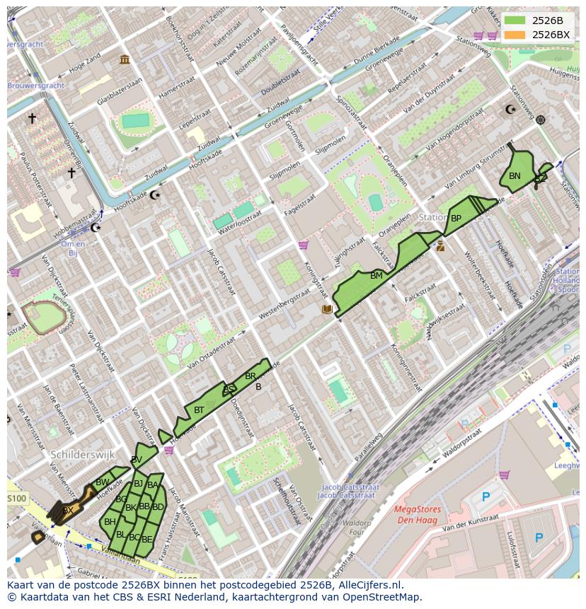 Afbeelding van het postcodegebied 2526 BX op de kaart.