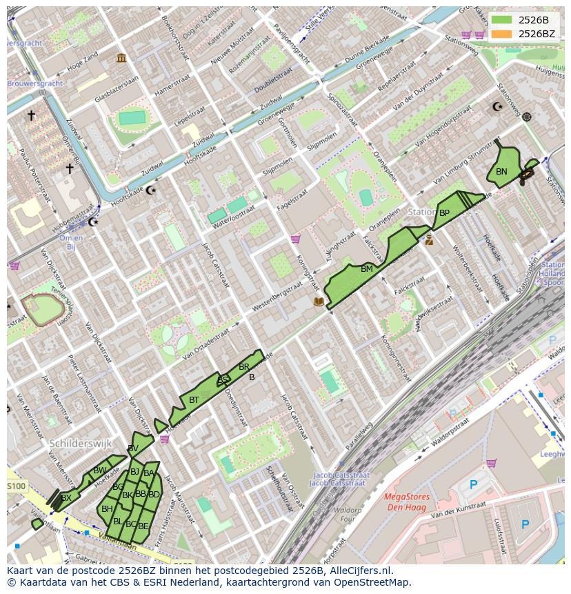 Afbeelding van het postcodegebied 2526 BZ op de kaart.