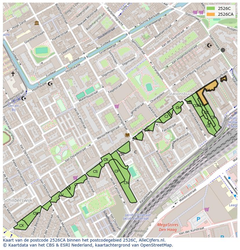 Afbeelding van het postcodegebied 2526 CA op de kaart.
