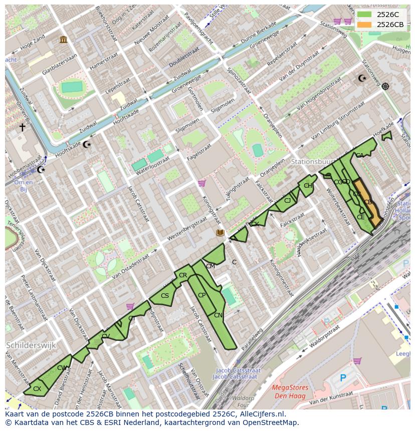 Afbeelding van het postcodegebied 2526 CB op de kaart.
