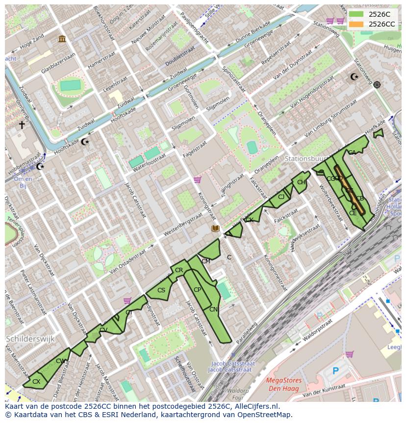 Afbeelding van het postcodegebied 2526 CC op de kaart.