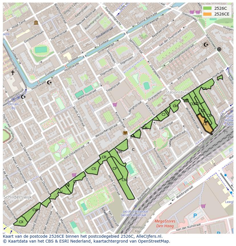 Afbeelding van het postcodegebied 2526 CE op de kaart.