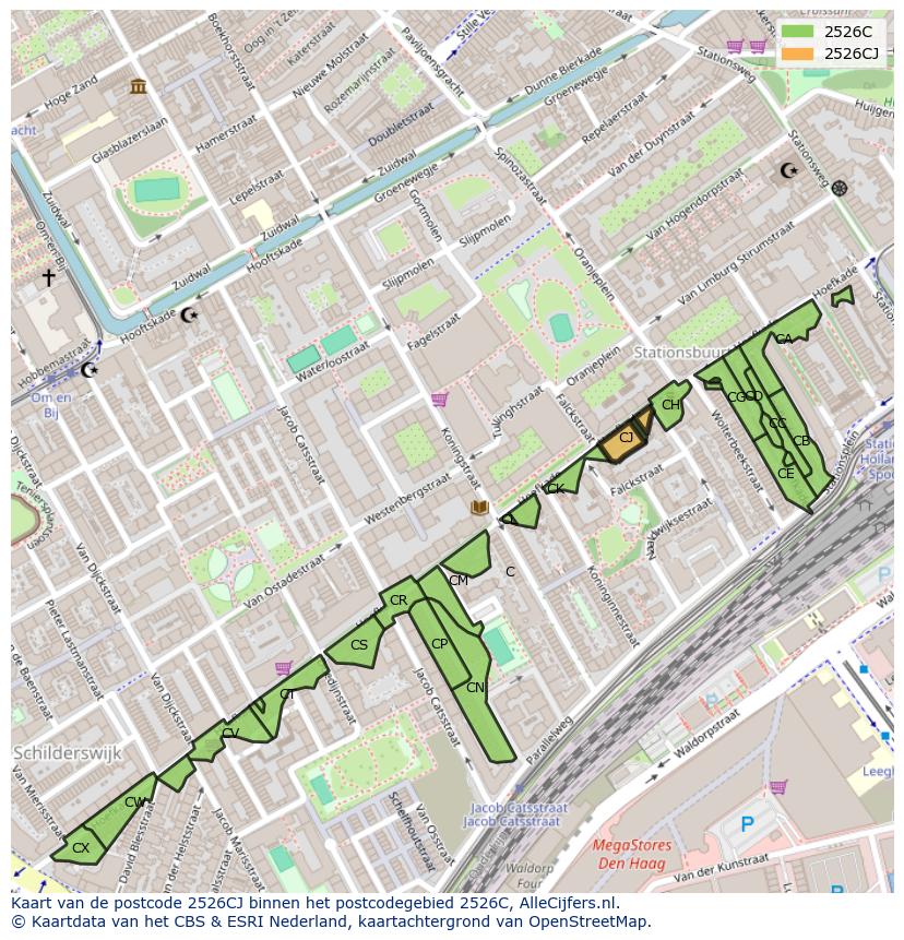 Afbeelding van het postcodegebied 2526 CJ op de kaart.