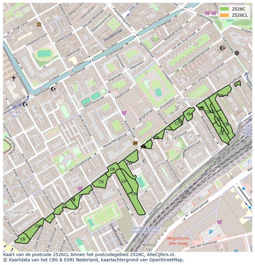 Afbeelding van het postcodegebied 2526 CL op de kaart.