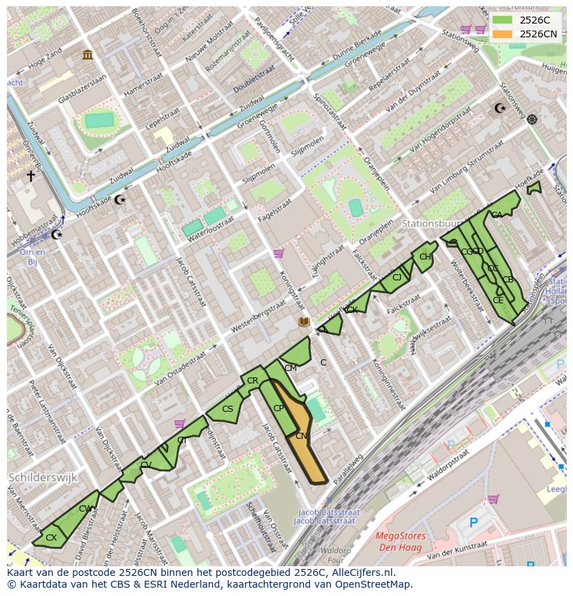 Afbeelding van het postcodegebied 2526 CN op de kaart.