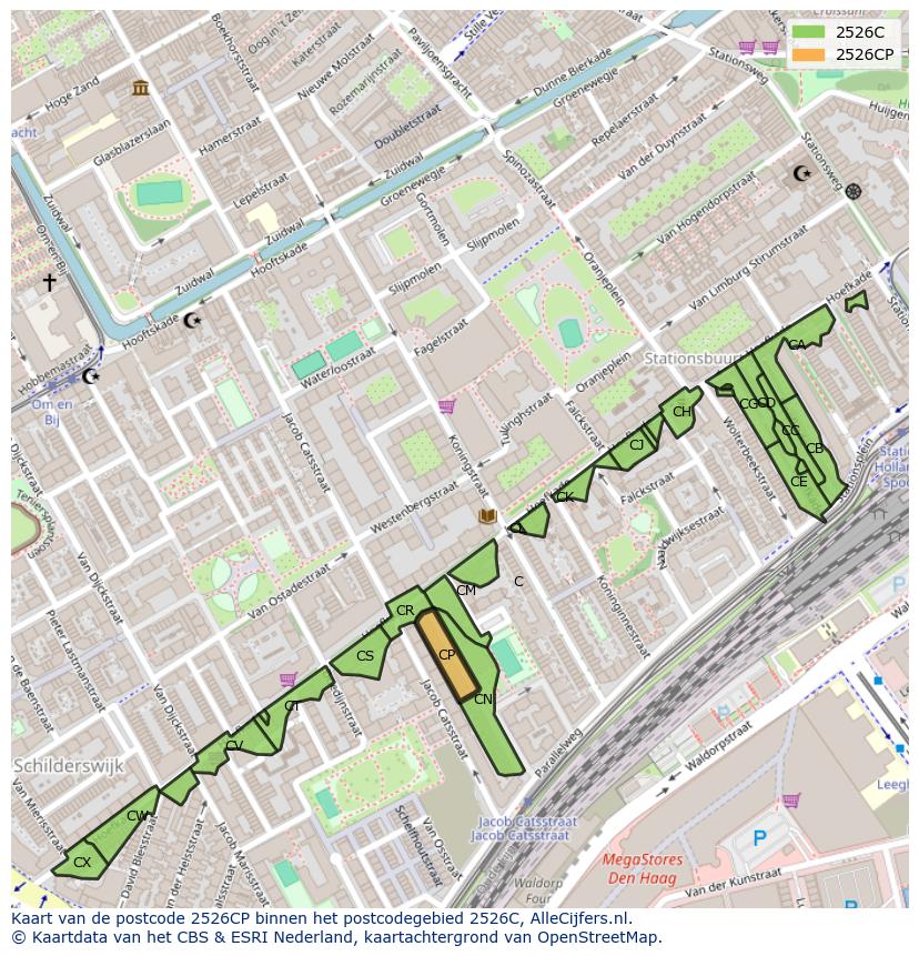 Afbeelding van het postcodegebied 2526 CP op de kaart.