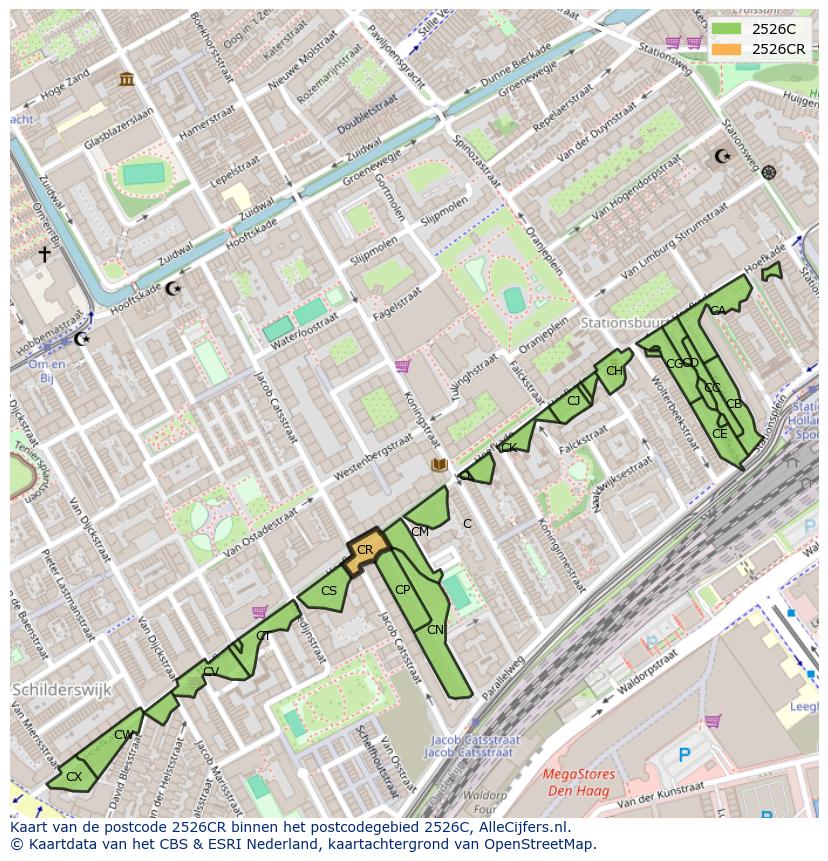 Afbeelding van het postcodegebied 2526 CR op de kaart.