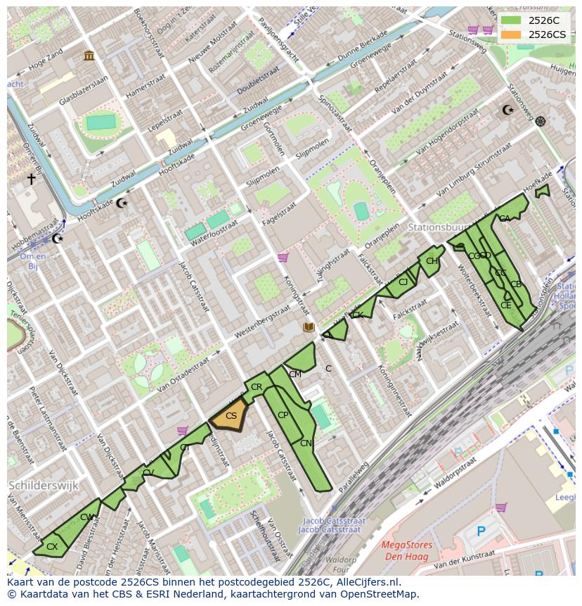 Afbeelding van het postcodegebied 2526 CS op de kaart.