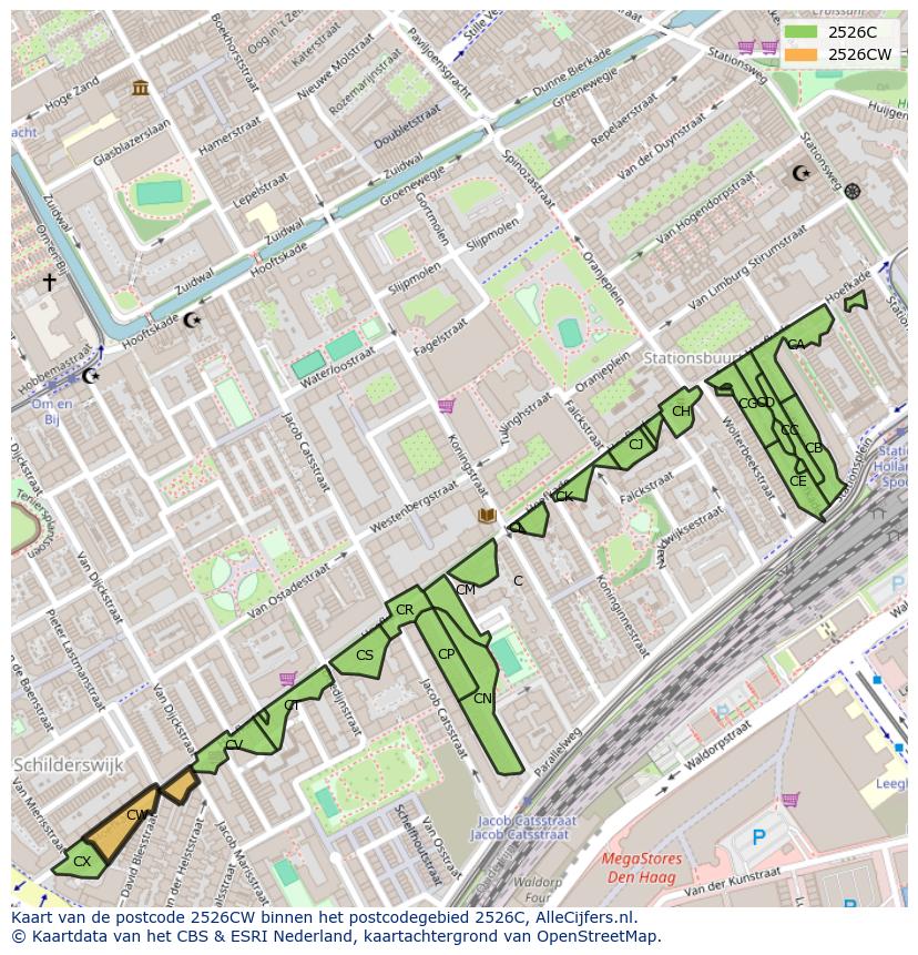 Afbeelding van het postcodegebied 2526 CW op de kaart.