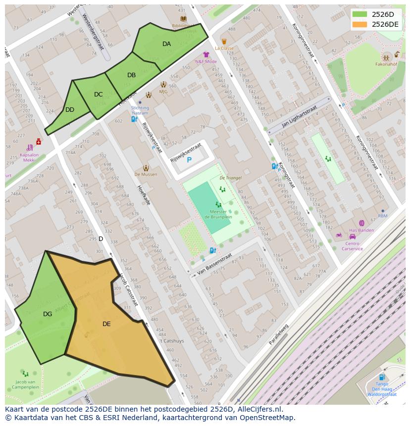 Afbeelding van het postcodegebied 2526 DE op de kaart.