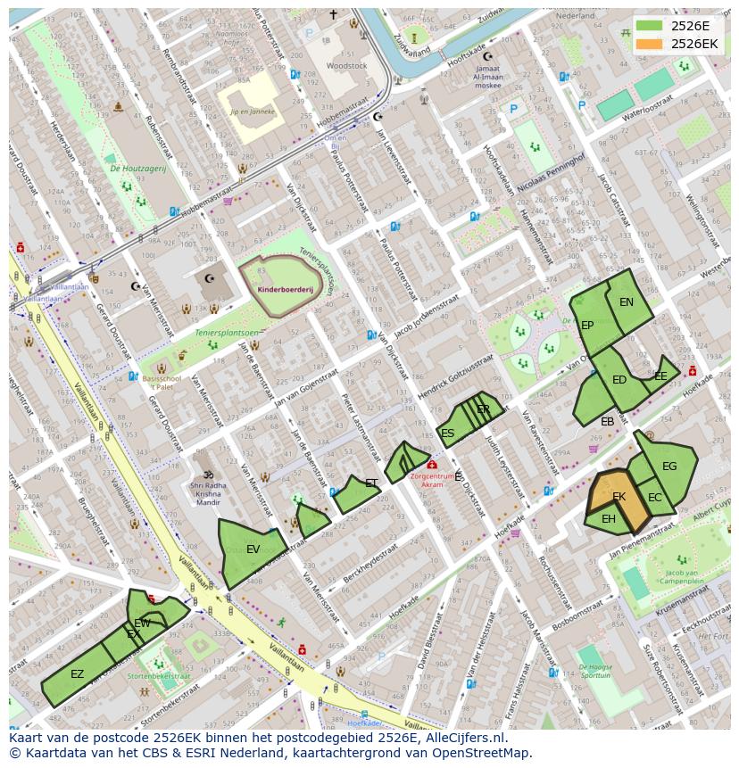 Afbeelding van het postcodegebied 2526 EK op de kaart.