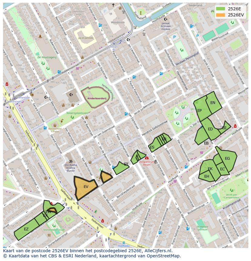 Afbeelding van het postcodegebied 2526 EV op de kaart.