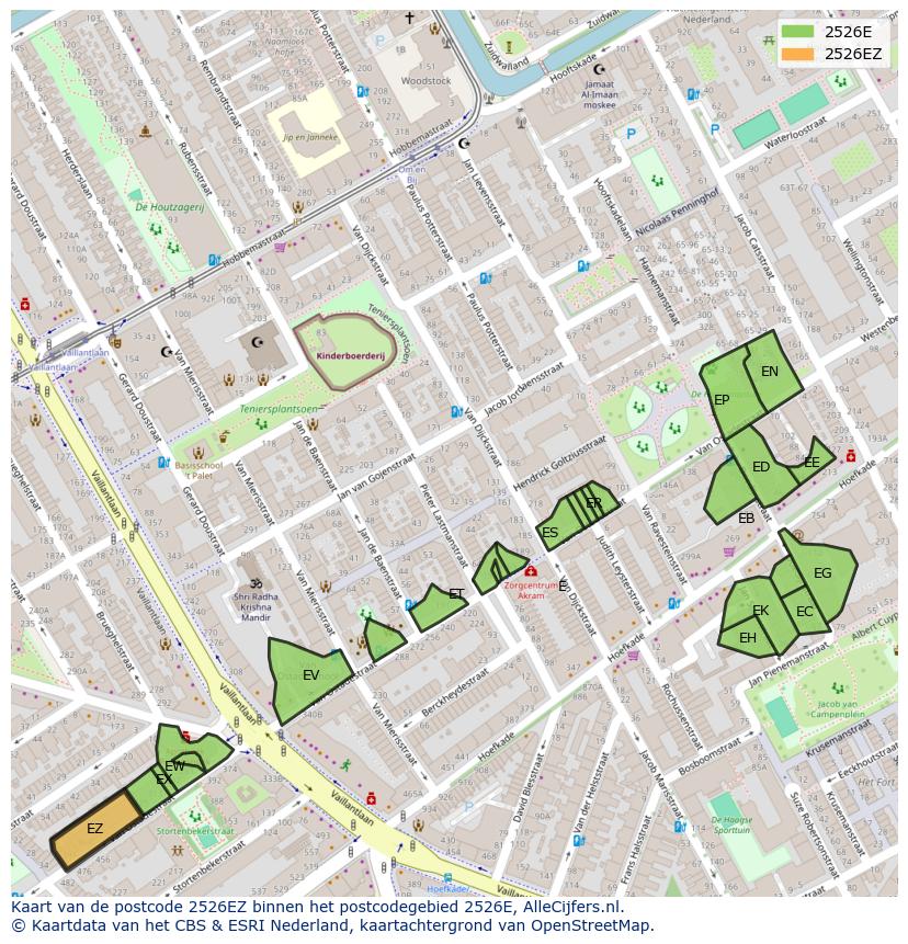 Afbeelding van het postcodegebied 2526 EZ op de kaart.