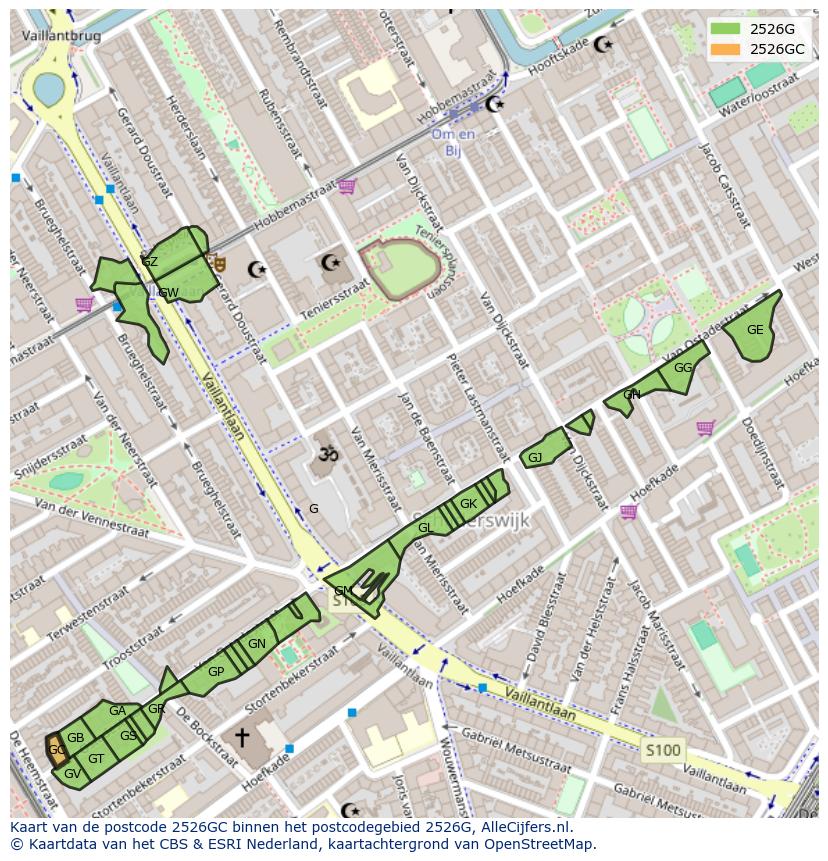 Afbeelding van het postcodegebied 2526 GC op de kaart.