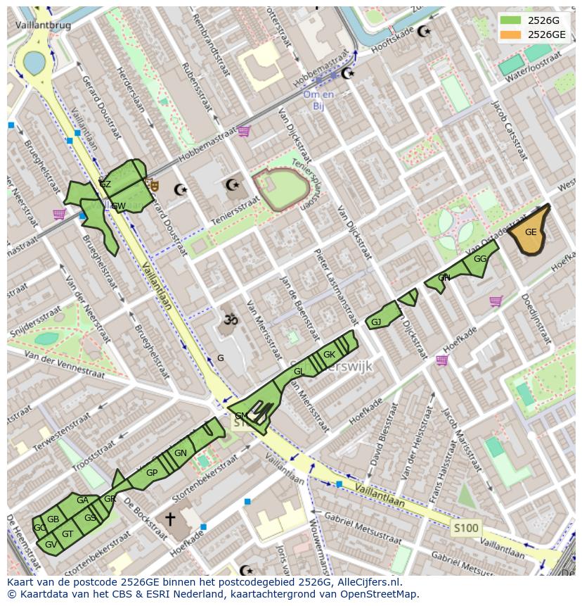 Afbeelding van het postcodegebied 2526 GE op de kaart.