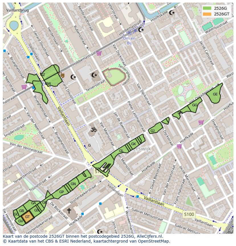 Afbeelding van het postcodegebied 2526 GT op de kaart.