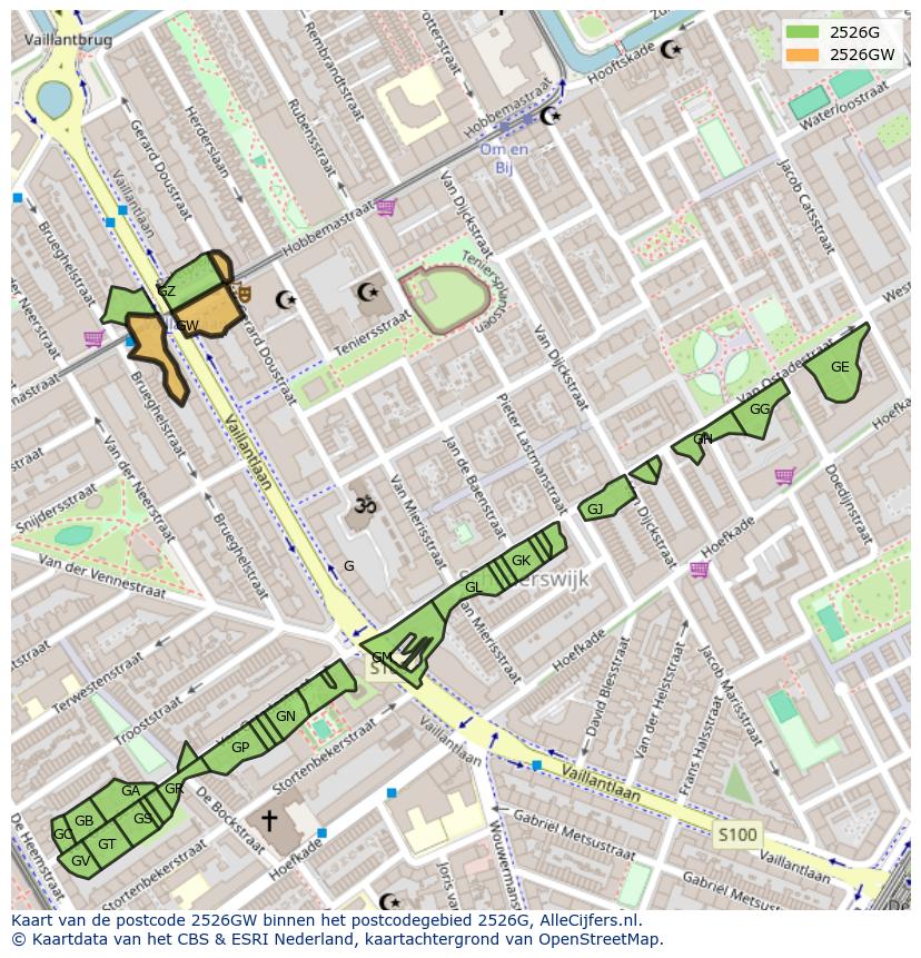 Afbeelding van het postcodegebied 2526 GW op de kaart.