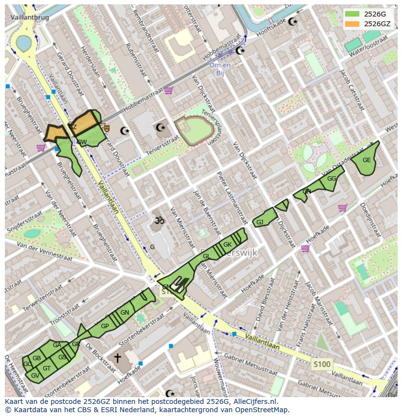 Afbeelding van het postcodegebied 2526 GZ op de kaart.