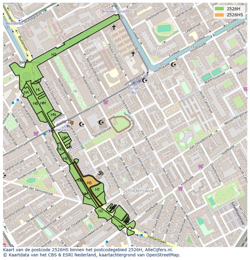 Afbeelding van het postcodegebied 2526 HS op de kaart.