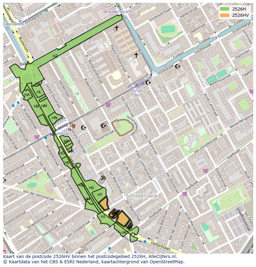 Afbeelding van het postcodegebied 2526 HV op de kaart.