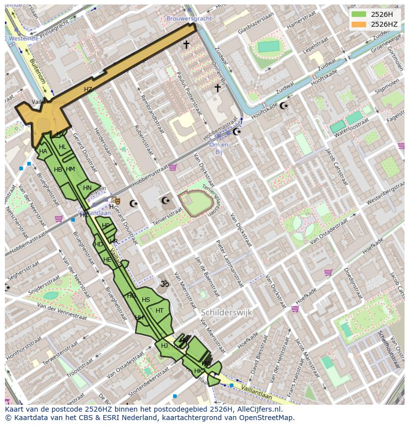 Afbeelding van het postcodegebied 2526 HZ op de kaart.