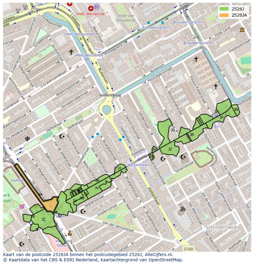 Afbeelding van het postcodegebied 2526 JA op de kaart.