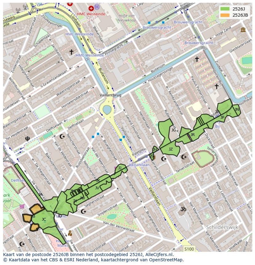 Afbeelding van het postcodegebied 2526 JB op de kaart.