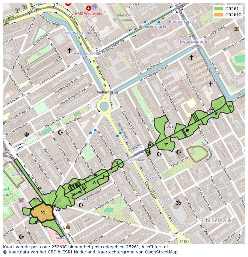 Afbeelding van het postcodegebied 2526 JC op de kaart.