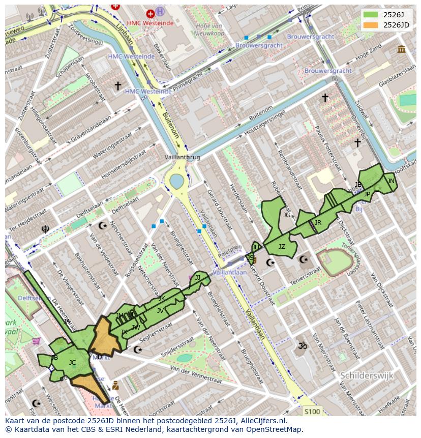 Afbeelding van het postcodegebied 2526 JD op de kaart.
