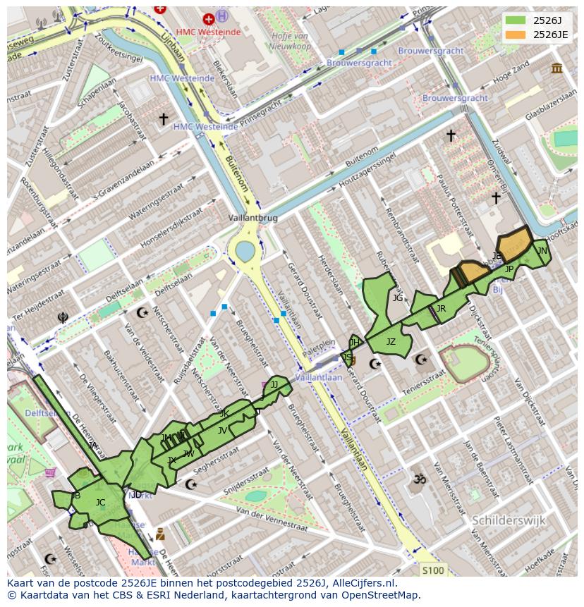 Afbeelding van het postcodegebied 2526 JE op de kaart.