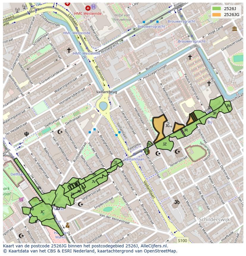 Afbeelding van het postcodegebied 2526 JG op de kaart.