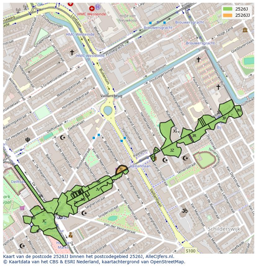 Afbeelding van het postcodegebied 2526 JJ op de kaart.