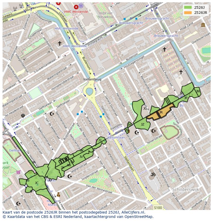 Afbeelding van het postcodegebied 2526 JR op de kaart.